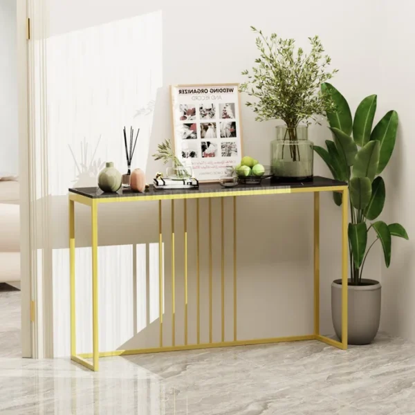 Golden Metallic Rectangular Shaped Black Marble Designer Console Table - Image 3