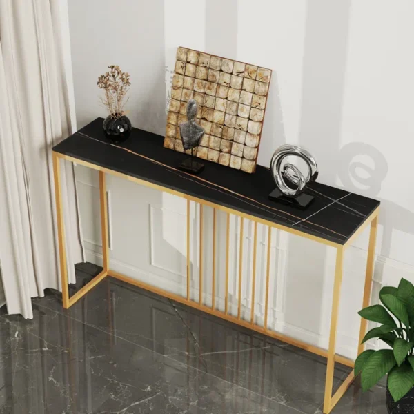 Golden Metallic Rectangular Shaped Black Marble Designer Console Table - Image 4